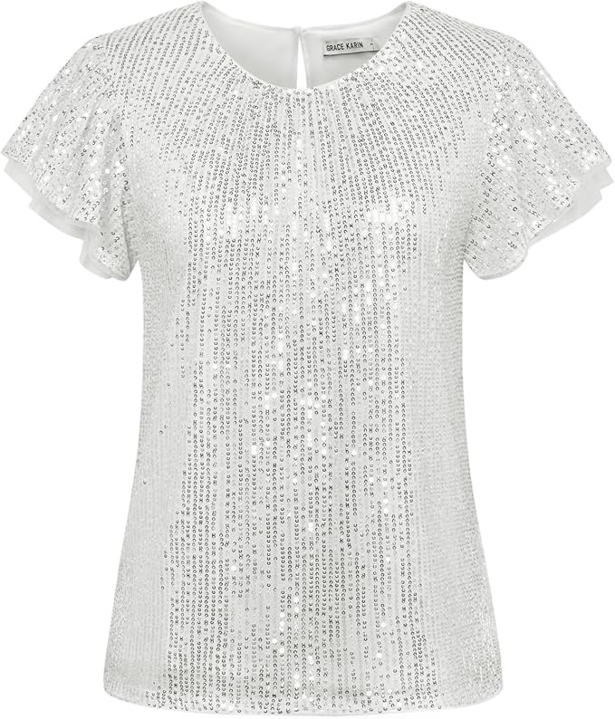 GRACE KARIN Women's Sparkly Sequin Tops Short Sleeve Glitter Dressy Blouses Round Neck Club Ruffl... | Amazon (US)