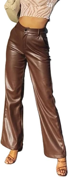 Bluewolfsea Women's Faux Leather Pants High Waisted Straight Wide Leg Trousers with Pockets | Amazon (US)