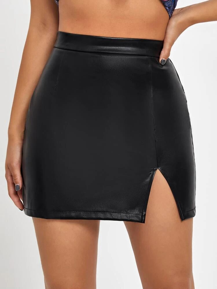 SHEIN SXY Split Hem Leather Look Skirt | SHEIN