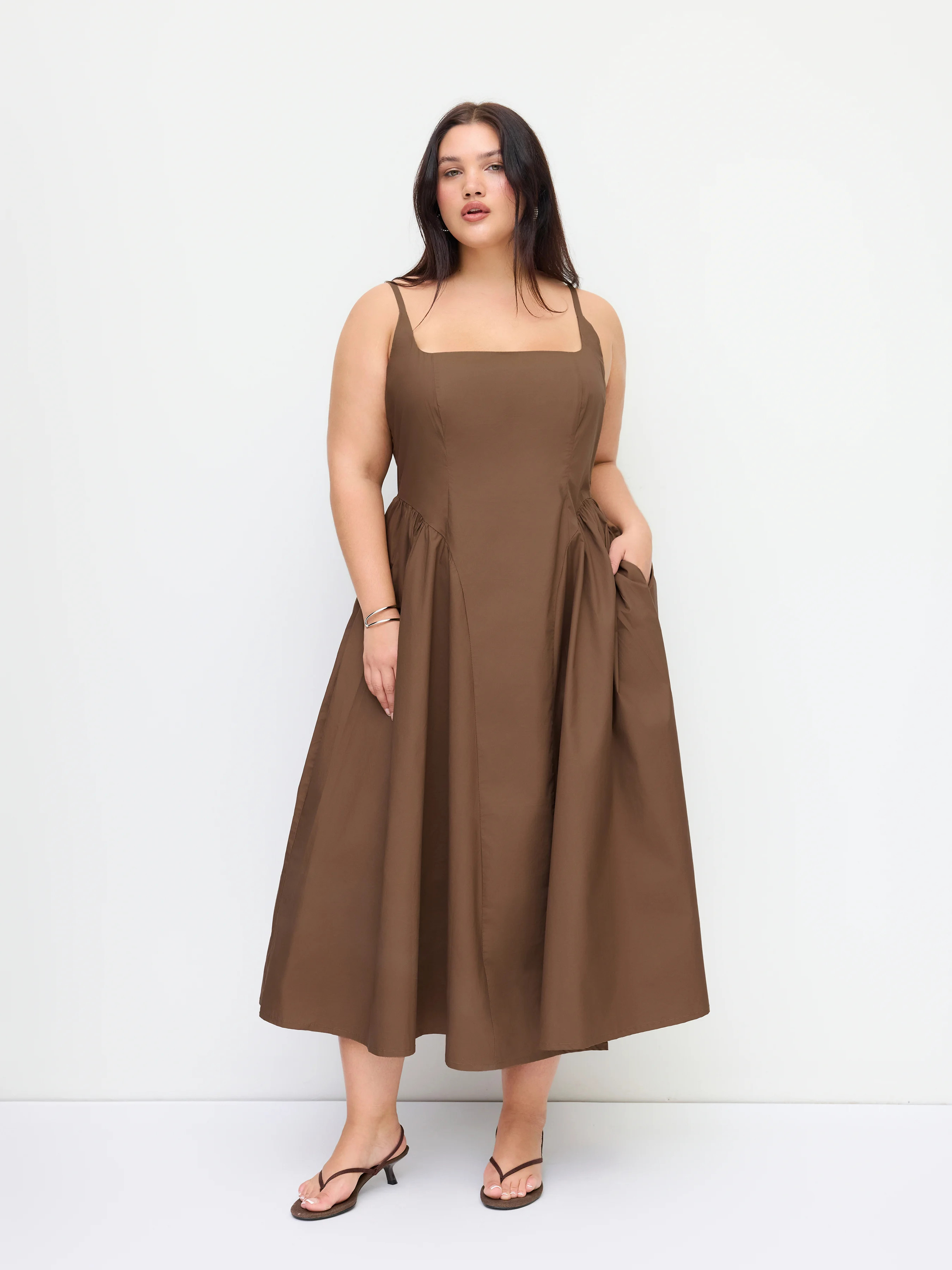 Woven 100% Cotton U-neckline Ruched Ruffle Hem Maxi Cami Dress Curve & Plus For Daily Casual | Cider
