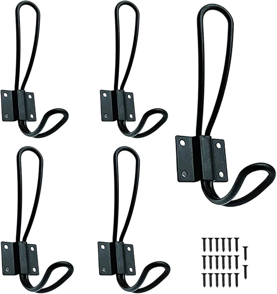 5pack Rustic Entryway Hooks - Black Wall Hooks for Hanging with 20pack Metal Screws, Vintage Doub... | Amazon (US)