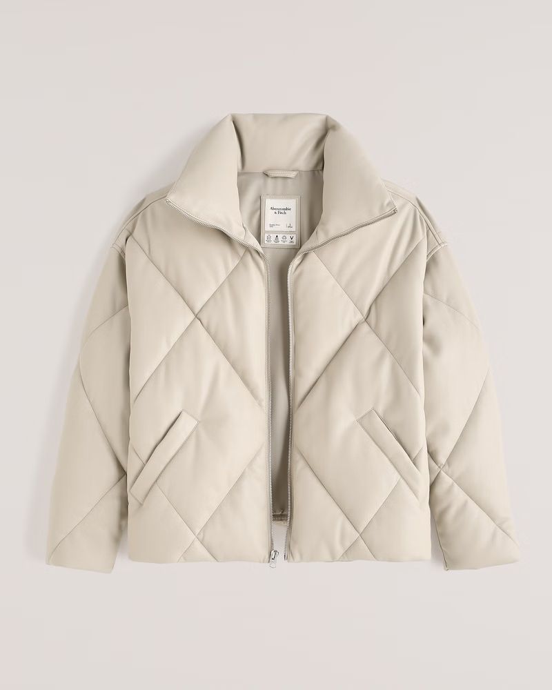Abercrombie & Fitch Women's Oversized Vegan Leather Diamond Puffer in Faux Leather Cream - Size XL | Abercrombie & Fitch (US)