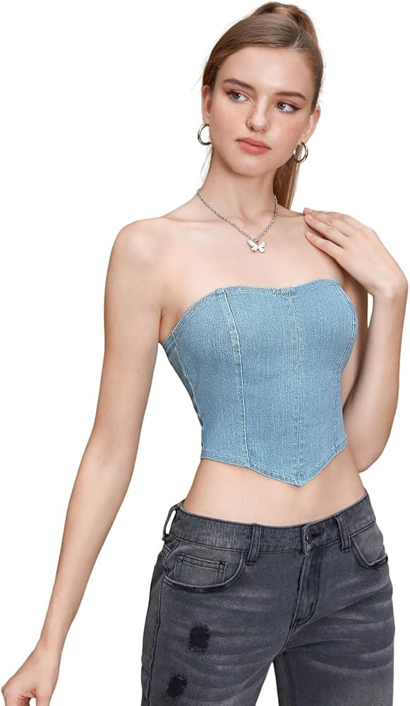 SOLY HUX Women's Denim Corset Top Sexy Crop Tops Tank Top Camisole Backless Off Shoulder Straples... | Amazon (US)