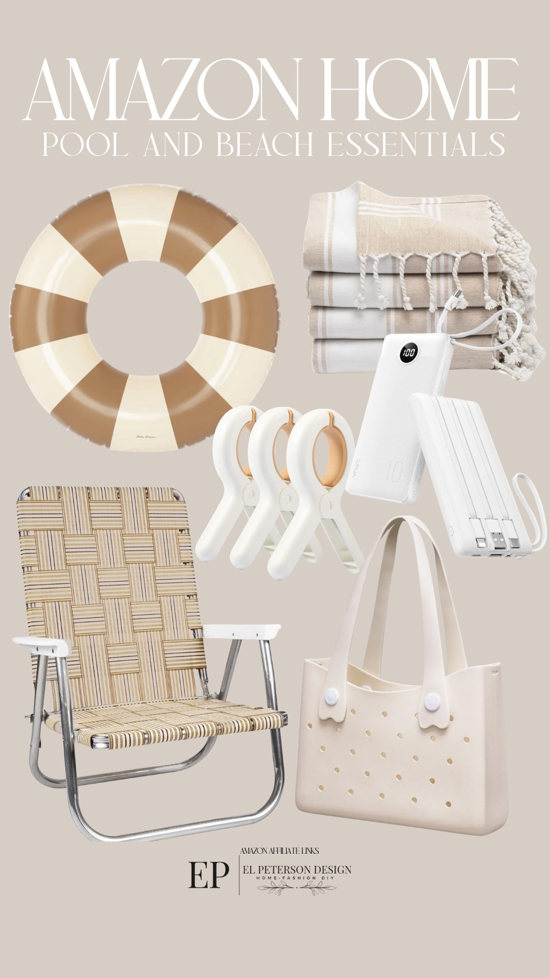 Amazon
Pool and Each essentials
Beach chair
Towel clip
Tote bag
Beach towels
Floaters
Portable charger 

#LTKHome