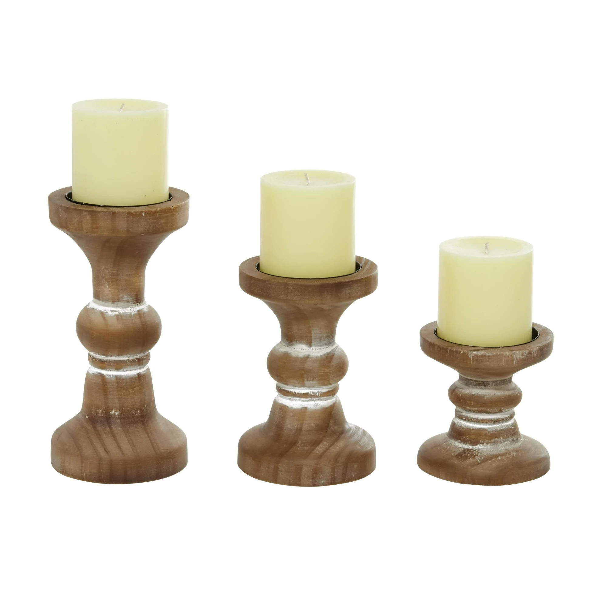 DecMode Farmhouse Curved Pillar Candle Holders Set of 3, 8", 6", 4"H,Distressed Brown Wood Finish... | Walmart (US)