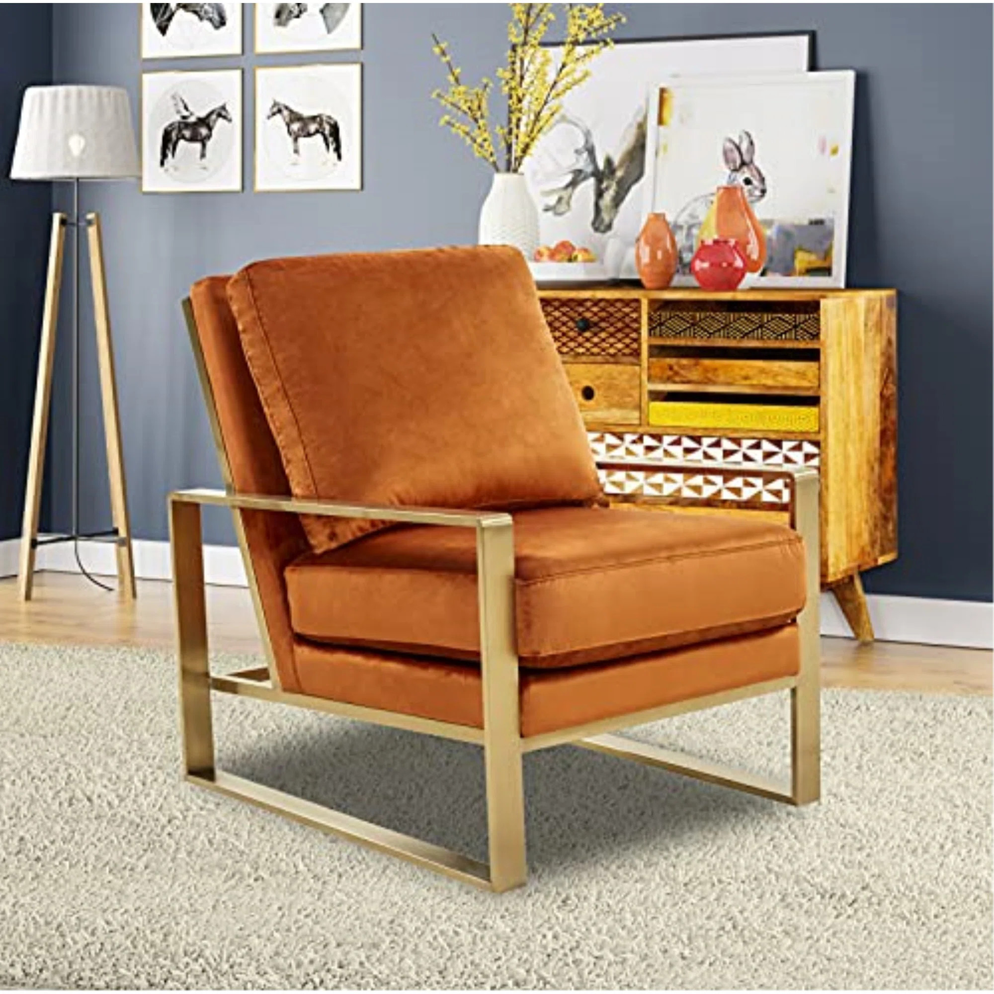 Gratiano Modern Accent Arm Chair Upholstered in Velvet with Gold Brass Finish | Wayfair North America