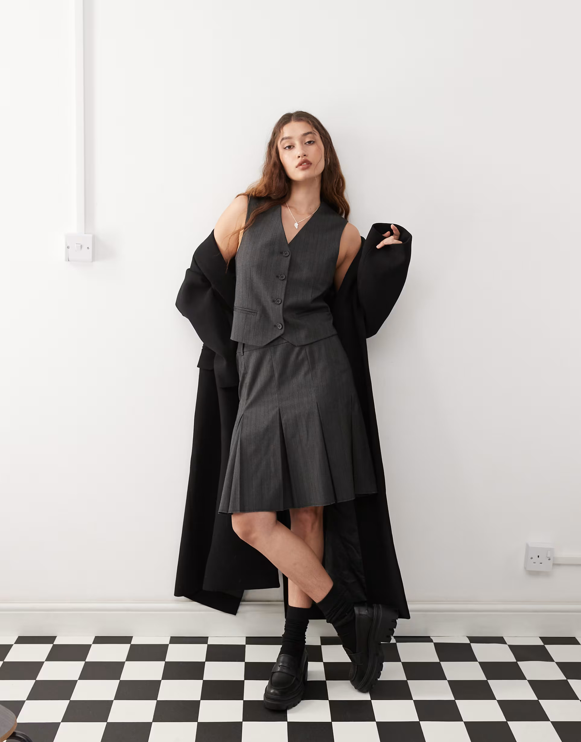 Weekday Maise co-ord pleated midi skirt in dark grey pinstripe | ASOS | ASOS (Global)