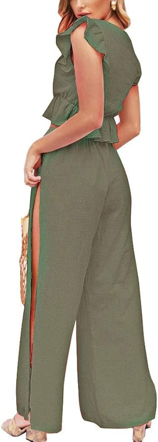 FANCYINN Womens 2 Pieces Outfits Deep V Neck Crop Top Side Slit Drawstring Wide Leg Pants Set Jum... | Amazon (US)