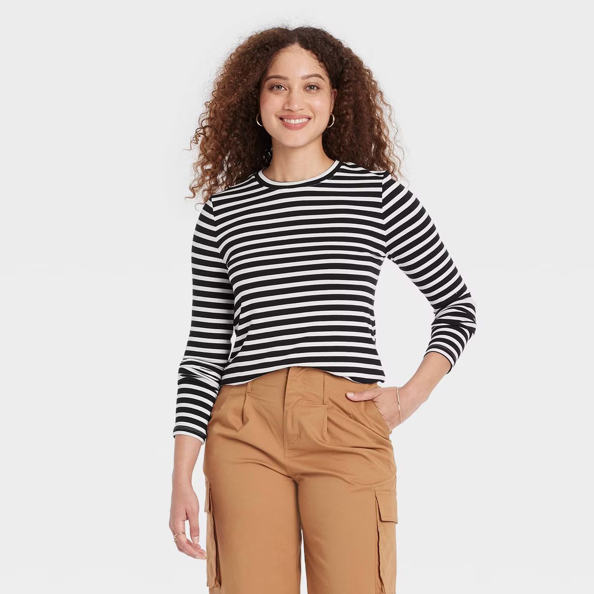 Women's Long Sleeve Brushed Knit T-Shirt - A New Day™ Black/White Striped XL | Target