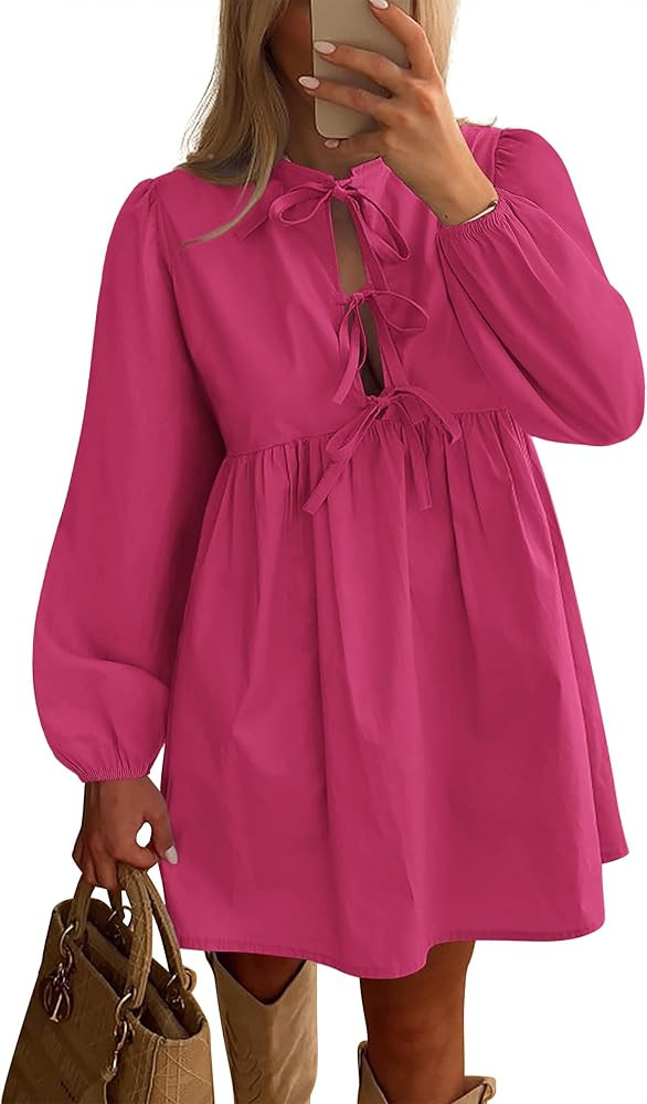 BTFBM Women's 2025 Spring Dress Bow Tie Front Long Puff Sleeve Y2K Babydoll A Line Casual Cute Sh... | Amazon (US)