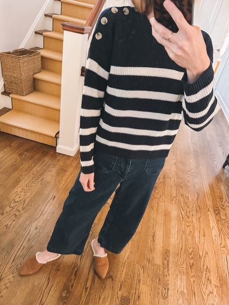 This navy striped cotton sweater is only $26! 👏🏻 the tortoise buttons on the shoulder are 😍 It also comes in white and pink! @walmartfashion #walmartpartner #walmartfashion 

#LTKfindsunder50