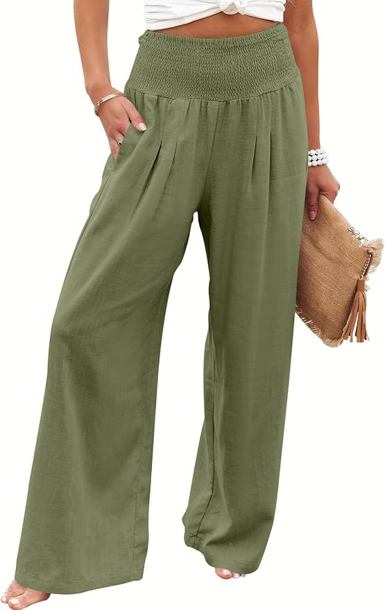 ANRABESS Women Linen Palazzo Pants Summer Boho Wide Leg High Waist Casual Lounge Pant Trousers wi... | Amazon (US)