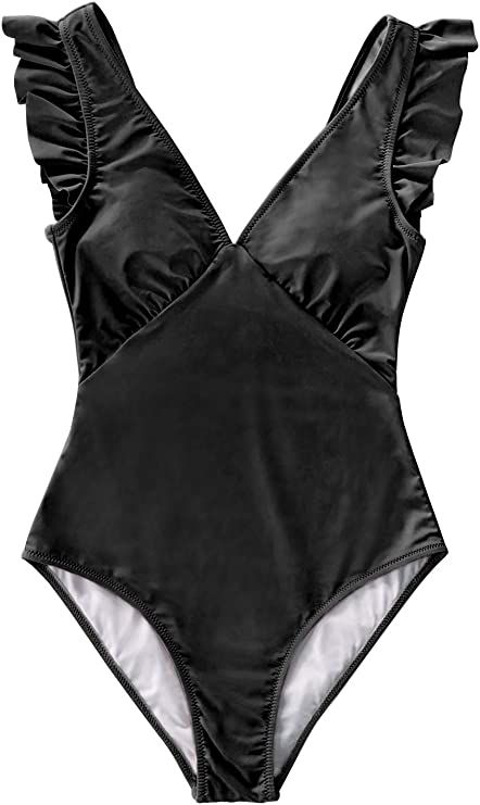 CUPSHE Women's One Piece Swimsuit V Neck Ruched Ruffle Shoulder Swimwear Bathing Suits | Amazon (US)