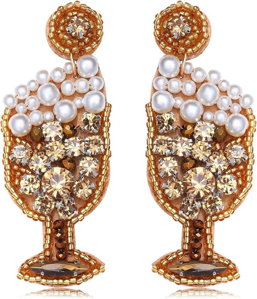 Statement Earrings for Women Handmade Beaded Wine Glass Post Earrings Gorgeous Crystal Drop Dangle E | Amazon (US)