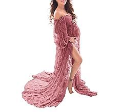 Saslax Soft Stretchy Lace Off Shoulder Doubly Split A-line Skirt Maternity Dress Pregnancy Maxi G... | Amazon (US)