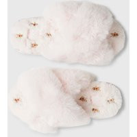 River Island Pink Gingerbread Fur Cross Strap Slippers | River Island UK & IE