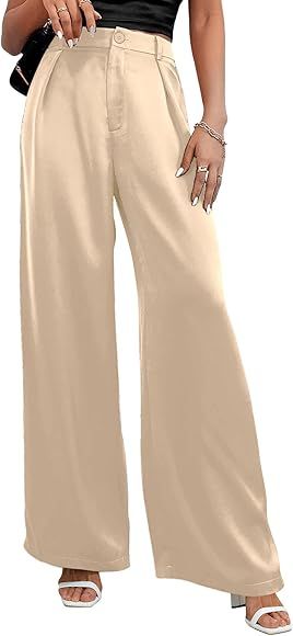 SweatyRocks Women's High Waist Satin Wide Leg Pants Casual Work Office Faux Silk Long Trousers wi... | Amazon (US)