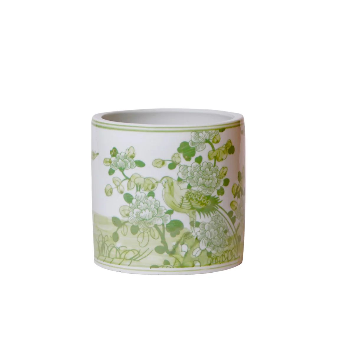 Small Green and White Porcelain Bird and Flower Cachepot | The Well Appointed House, LLC