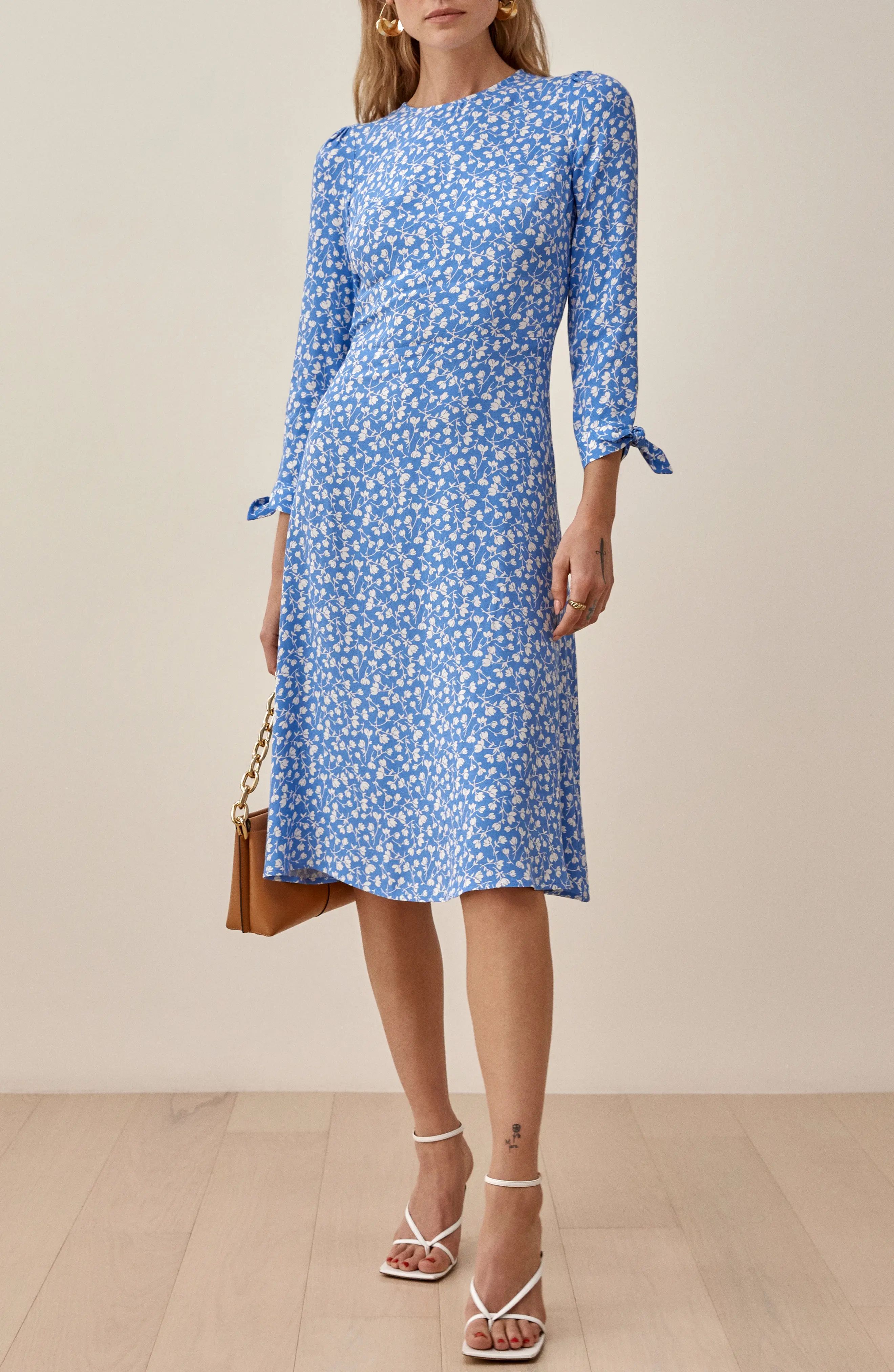 Women's Reformation Port Print Long Sleeve Midi Dress, Size 2 - Blue | Nordstrom