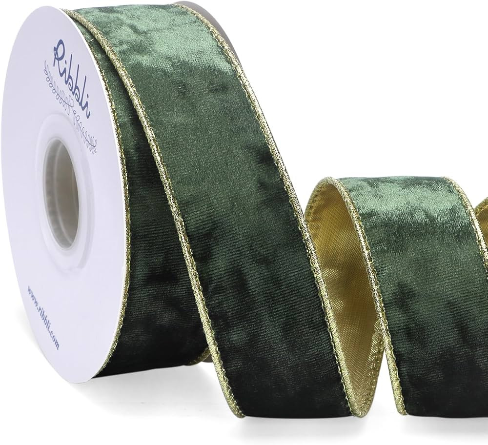 Ribbli Moss Green Velvet Wired Ribbon 1.5 Inch Metallic Moss Gold Crushed Velvet Christmas Ribbon... | Amazon (US)