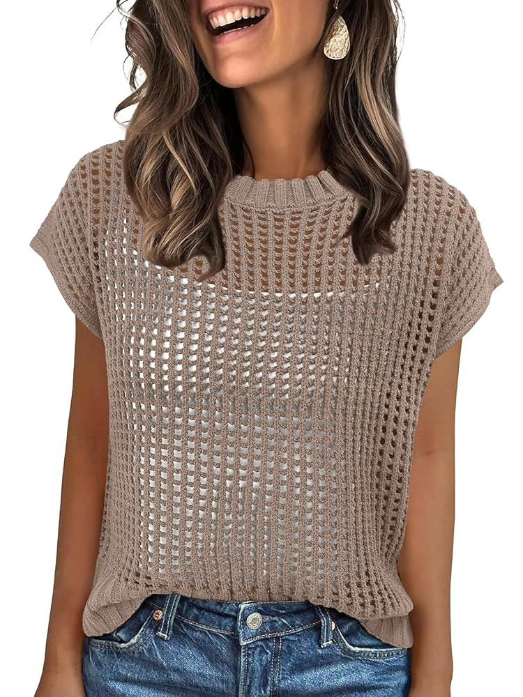 ANRABESS Womens Summer Crochet Sweater Tops Casual Cap Short Sleeve Hollow Out Mesh Knit Beach Co... | Amazon (US)