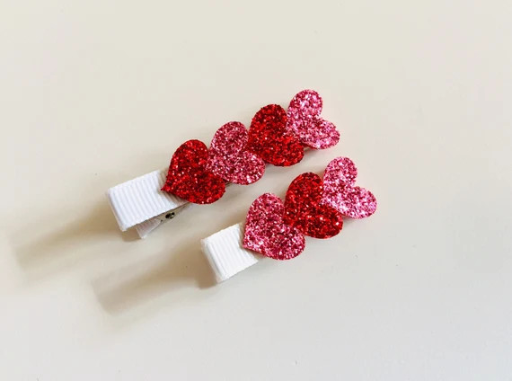 Valentine’s Day hair clips glitter heart hair clips baby hair clips toddler hair clips fully li... | Etsy (US)