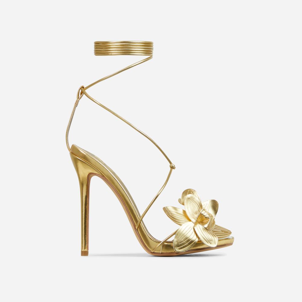 Blooming Lace Up Flower Detail Platform Stiletto Heel In Gold Faux Leather | EGO Shoes (US & Canada)