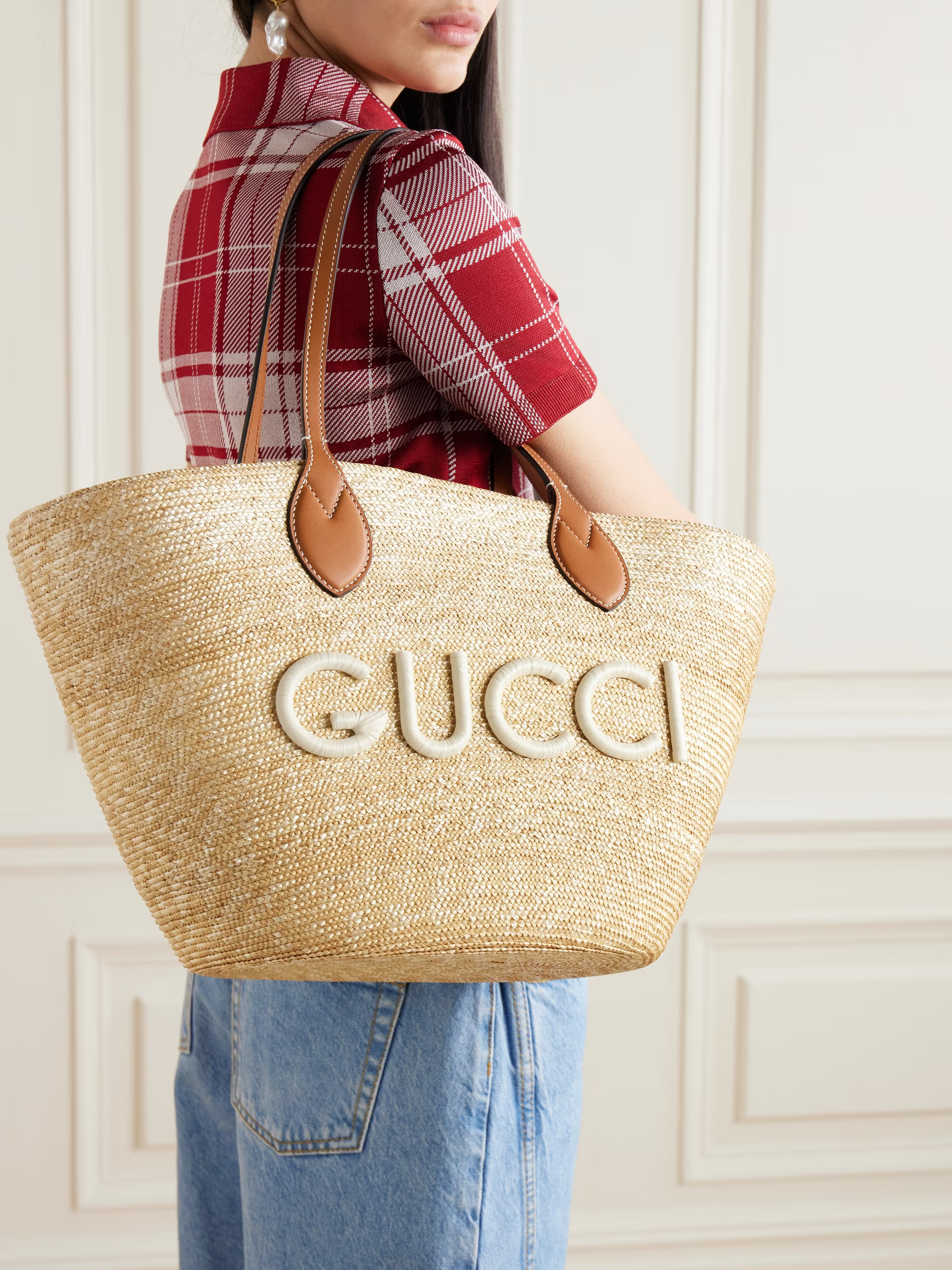 Leather-trimmed appliquéd raffia tote | NET-A-PORTER (US)