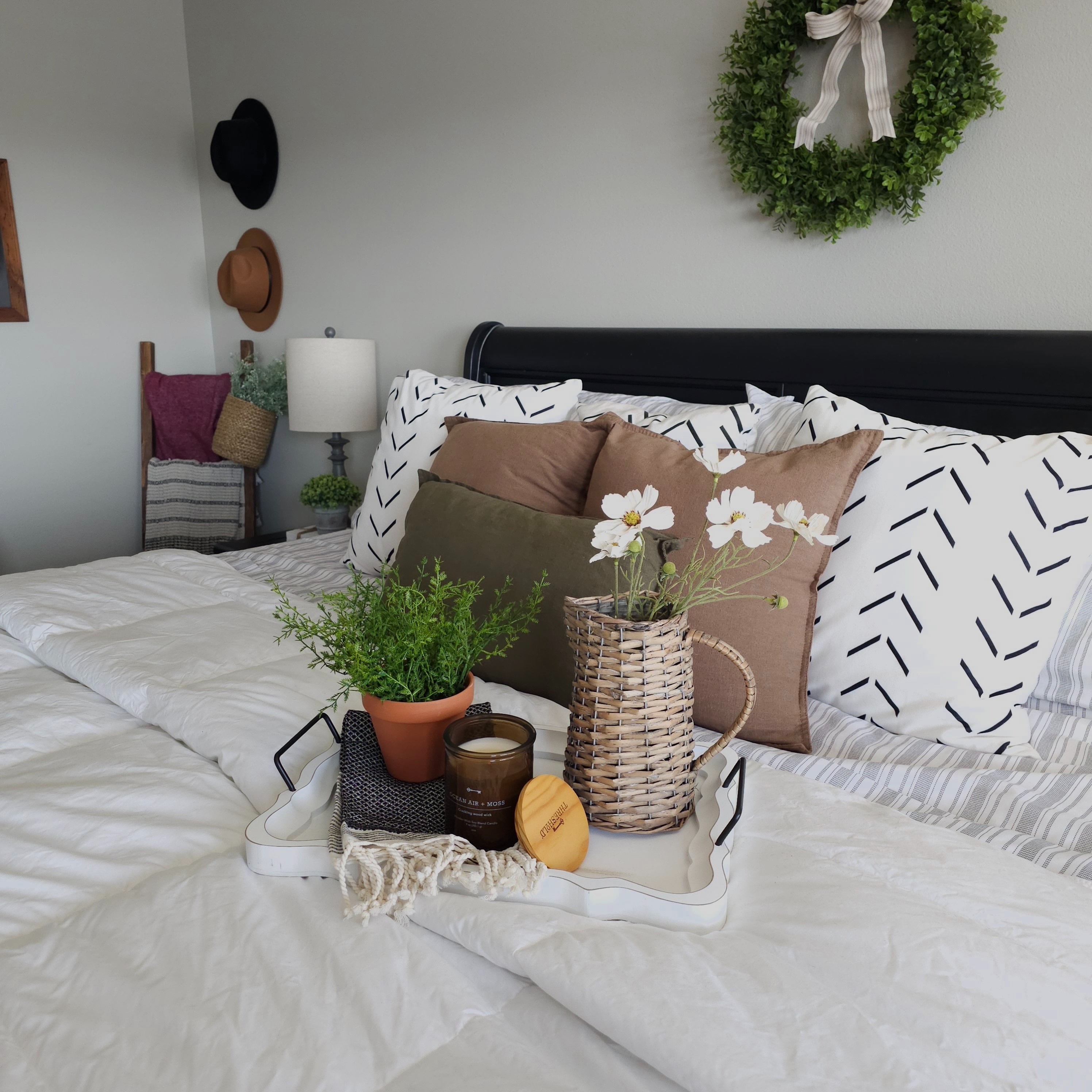 Changed up my bedroom decor  and bedding. Went with some neutral earth tone colors.Cottage | Farmhouse | Bedding | Master bedroom | Bedroom furniture | Bedroom decor | Throw pillows | Throw Blanket 

#LTKhome #LTKstyletip #LTKfindsunder50