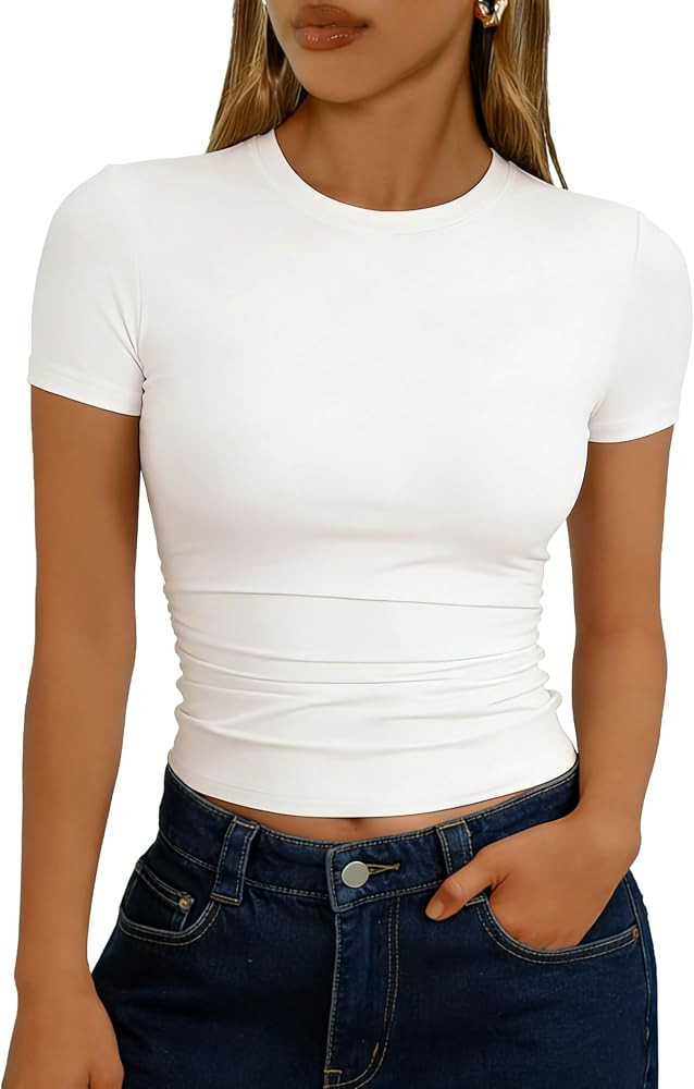 Women's Crop Tops Short Sleeve Baby Tees T Shirts, Slim Fit Crew Neck Y2K Basic Tees for Summer C... | Amazon (US)