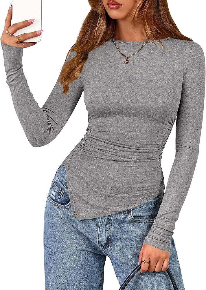 BTFBM Asymmetrical Tops for Women Long Sleeve Shirts Fall 2025 Ruched Slit Fitted Basic Tees Y2k ... | Amazon (US)