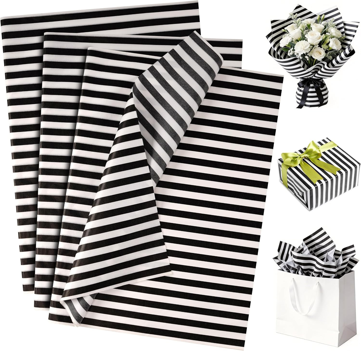Luckonway 40 Sheets Black Stripe Tissue Paper Bulk,20 x 14 Inches Black and White Tissue Paper, Premium Gift Wrapping Paper for Gift Bags Birthday Holiday Decor(Black Stripe) | Amazon (US)