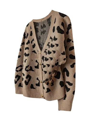 WDIRARA Women's Plus Size Leopard Cardigan Sweaters V Neck Button Down Knit Outerwear Brown XX-Large Plus | Amazon (US)