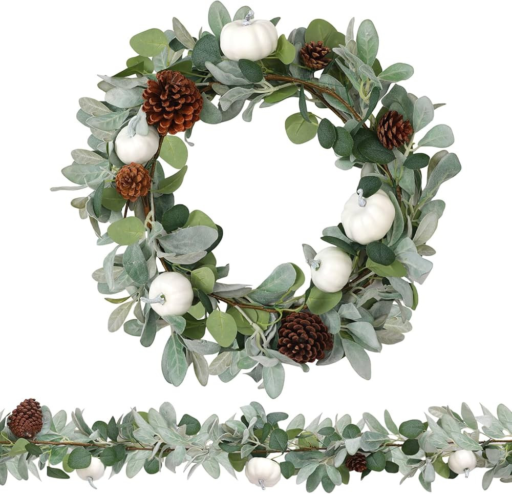 CEWOR 5.9FT White Pumpkin Garland Artificial Eucalyptus Lambs Ear Leaves Garland with White Pumpk... | Amazon (US)