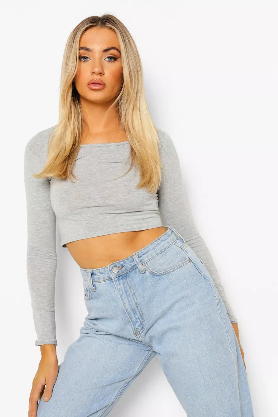 Grey Marl Basic Long Sleeve Crop Top | Boohoo.com (UK & IE)