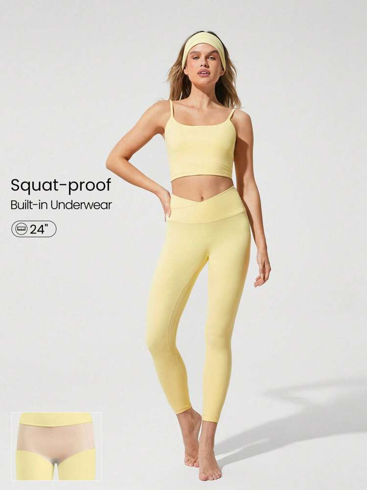 GLOWMODE 24" FeatherFit™ Crossover Leggings With Built-In Underwear Light Support Low Impact Yoga Daily Gym | SHEIN