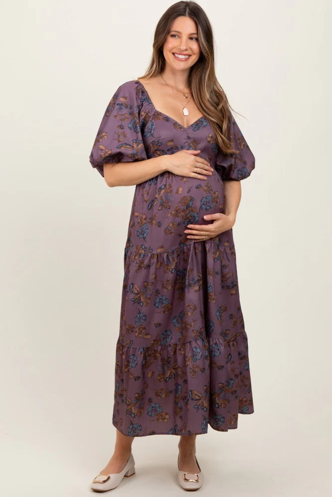 Dark Mauve Floral Bubble Sleeve Tiered Maternity Maxi Dress | PinkBlush Maternity