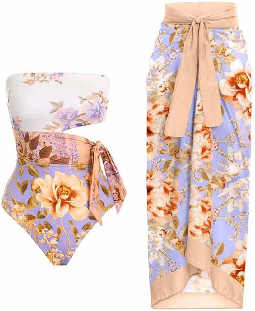 Women's Bathing Suit with Sarong Cover up Wrap Skirt Floral Swimsuit Monokini Swimwear Beach Outfit | Amazon (US)