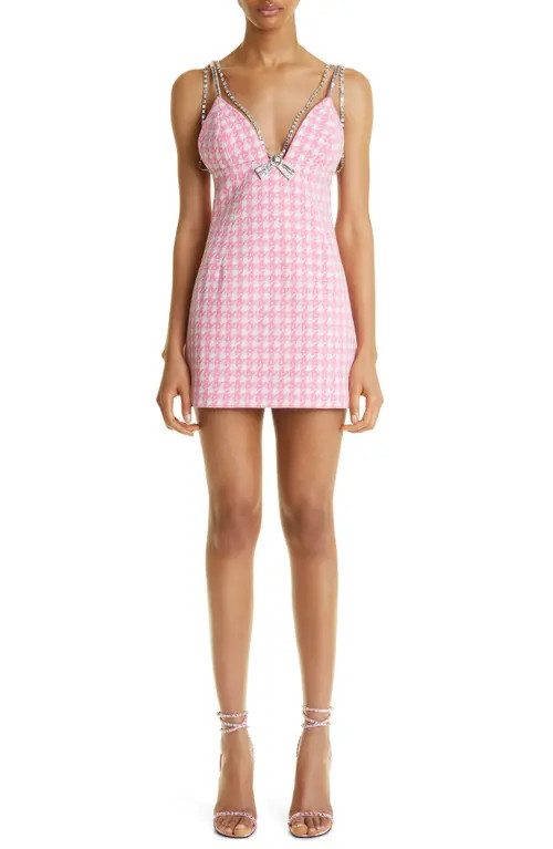 Area Deco Crystal Bow Houndstooth Wool & Cotton Minidress in Pink Multi at Nordstrom, Size 2 | Nordstrom