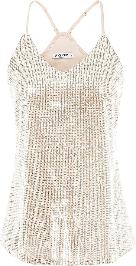 GRACE KARIN Women's Sleeveless Sparkle Shimmer Camisole Vest Sequin Tank Tops | Amazon (US)