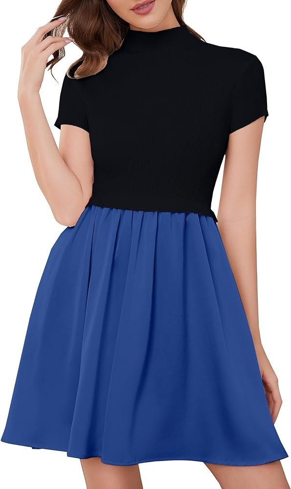 Women Mock Neck Patchwork Pleated Sweater Dress Short Sleeve Swing Knitted Solid Slim Fit Fashion... | Amazon (US)