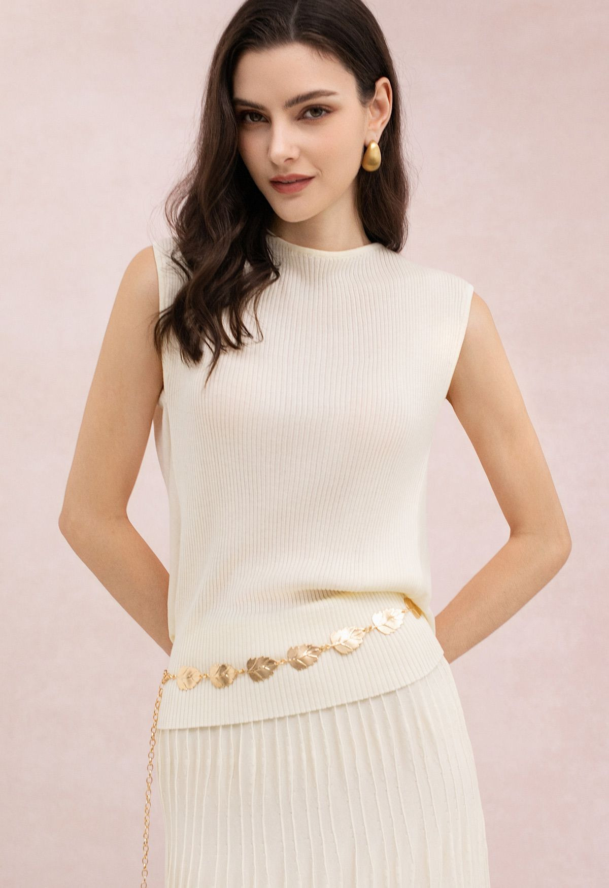 Cowl Open-Back Tie-String Sleeveless Knit Top in Cream for Shopping Trips & Holiday Outings | Chicwish