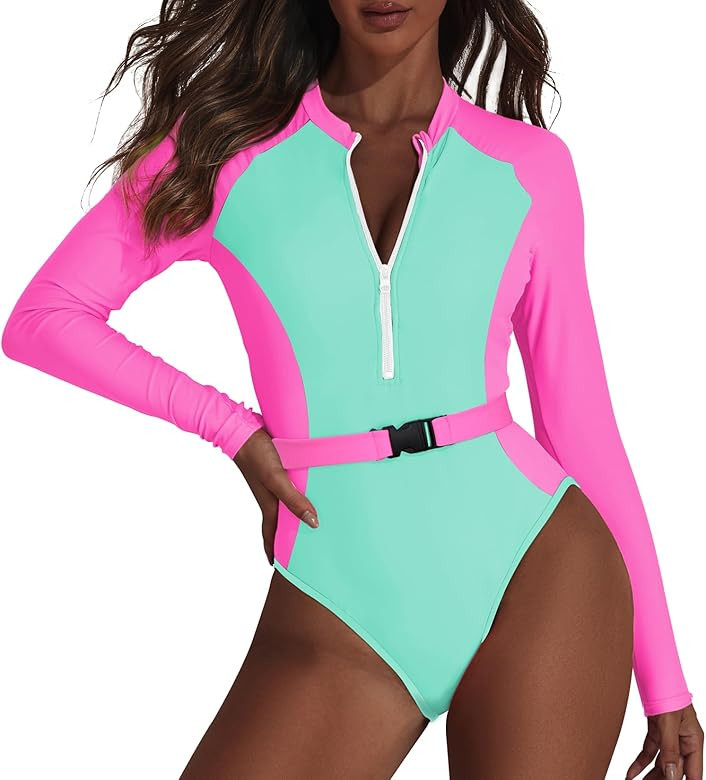 80s 90s Outfit for Women Neon High Cut One Piece Swimsuits Long Sleeve Bathing Suits Rash Guard T... | Amazon (US)