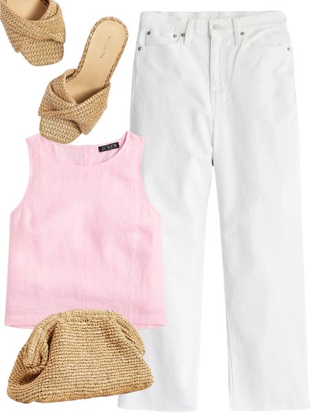 J.Crew slim wide leg jeans in white, J.Crew pink linen top, Ann Taylor woven wedges, J.Crew raffia clutch

#LTKfindsunder100 #LTKsalealert #LTKstyletip