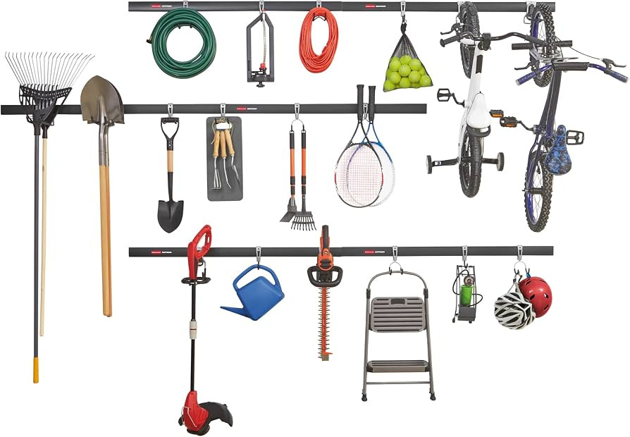 Rubbermaid 24-Piece FastTrack Garage Wall-Mounted Storage Kit, 6 Rails and 18 Hooks, Black, for H... | Amazon (US)