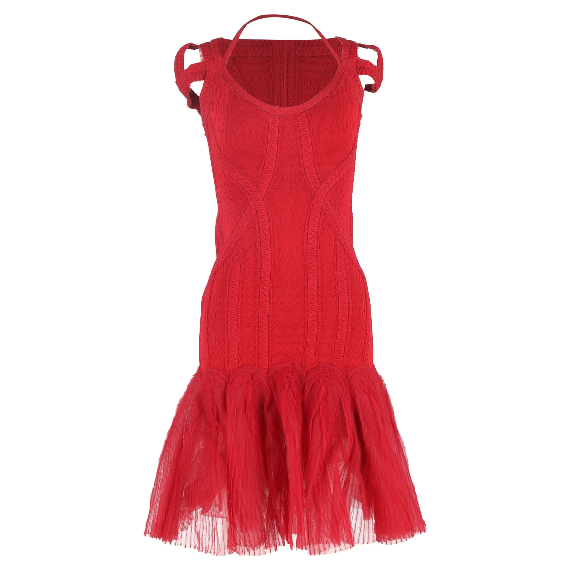 Herve Leger Knitted Tulle Bandage Midi Dress in Red Viscose | Shop Simon