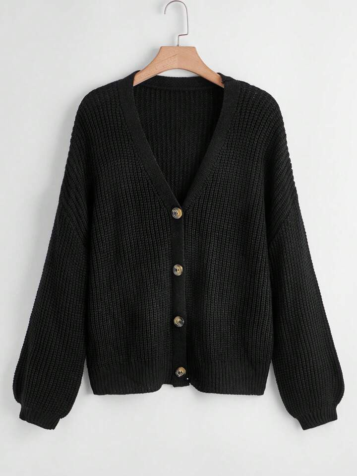 SHEIN Relaxiva Plus Size Women's Solid Color Knitted V-Neck Single-Breasted Long Sleeve Casual Commuter Versatile Cardigan Sweater, Autumn/Winter | SHEIN