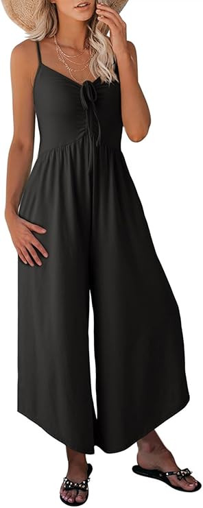 Dokotoo Womens Jumpsuits Spaghetti Straps Ruched Drawstring Knit Wide Leg Romper Casual Jumpsuits... | Amazon (US)