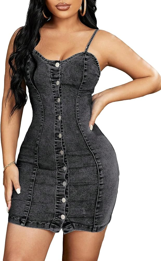 Floerns Women's Adjustable Spaghetti Strap Button Up Mini Denim Bodycon Dress | Amazon (US)