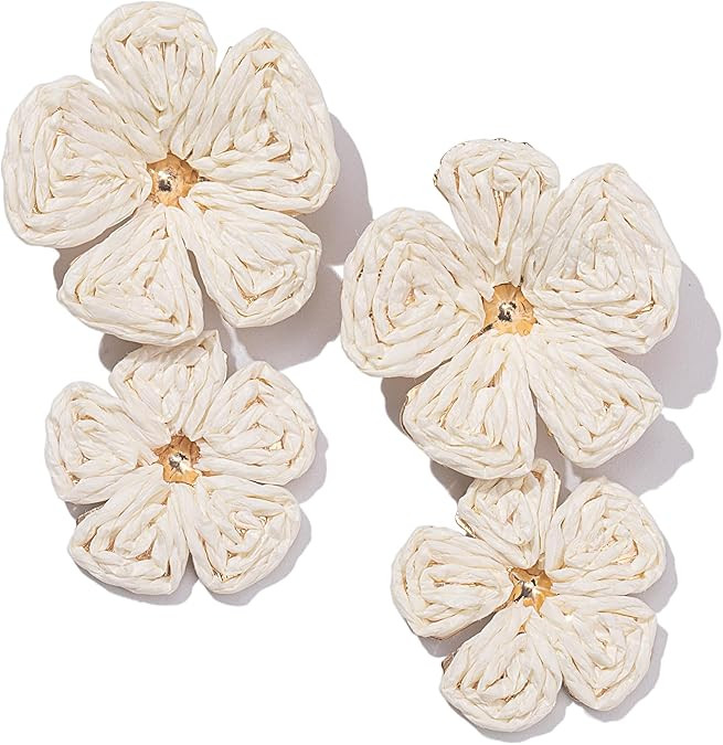 Boho Flower Earrings Statement Raffia Dangle Earrings Cute Floral Jewelry Trendy Summer Beach Vac... | Amazon (US)